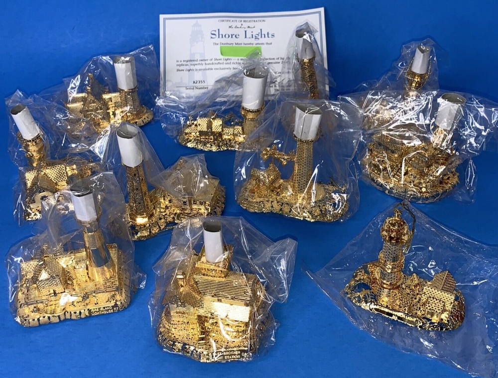 Danbury Mint 12-Piece Shore Lights Lighthouse Christmas Ornament Set in 23k Gold Plate