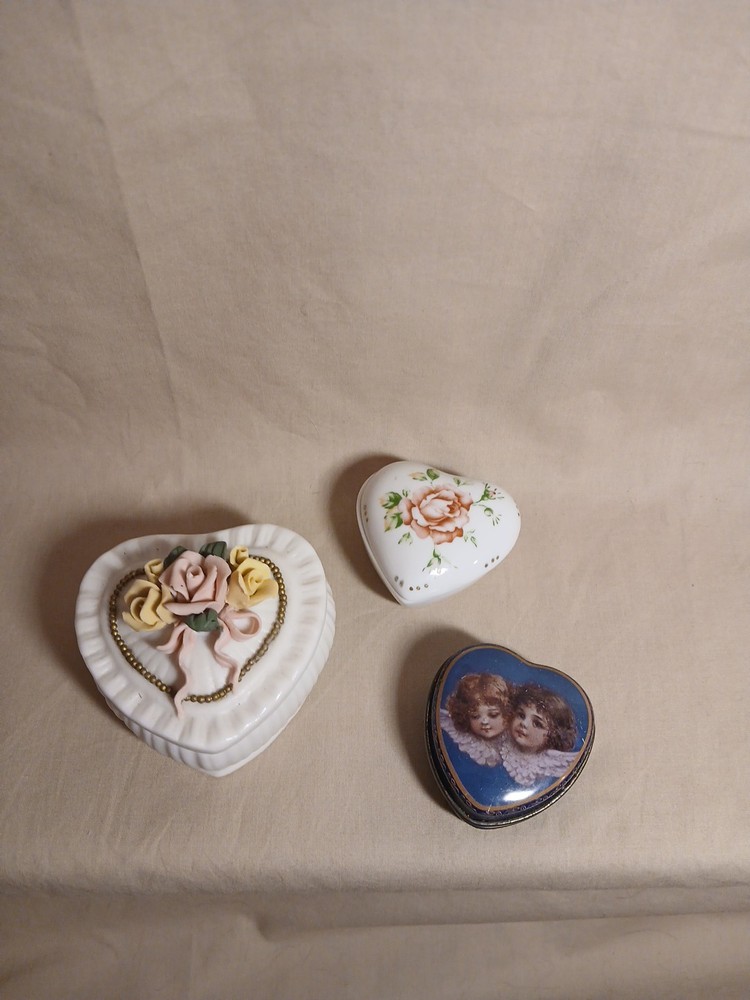 Vintage Heart Shaped Trinket Box Set - Porcelain Ceramic Tin  