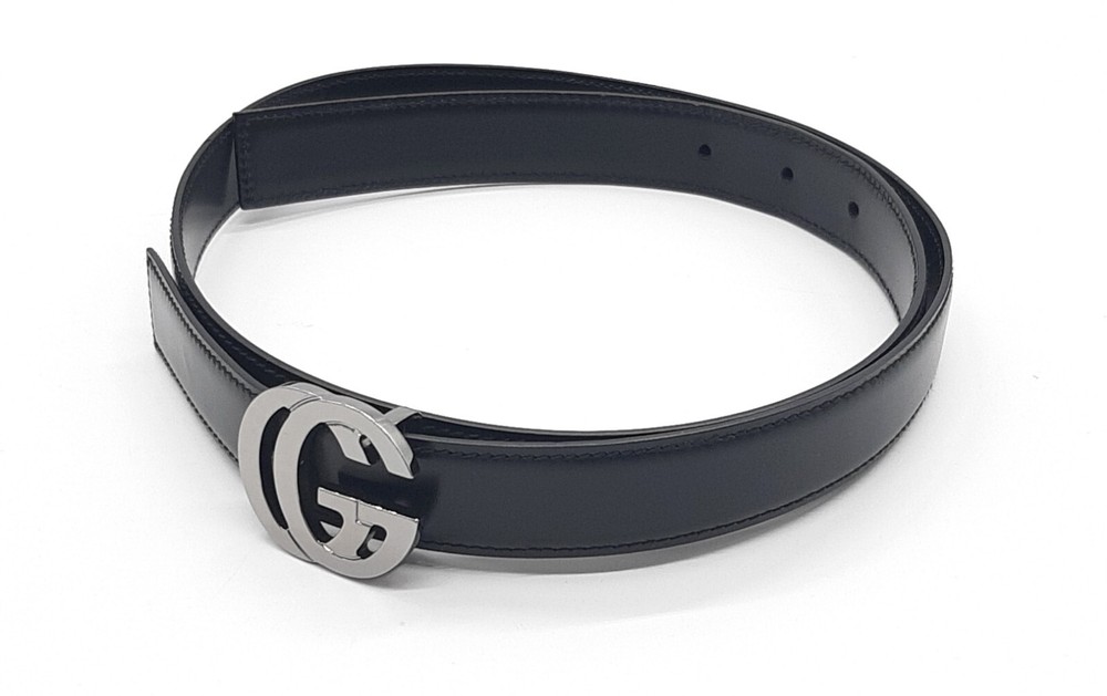 Gucci Double G Buckle Leather Belt for Women Silver Black Size 80 32 Authentic