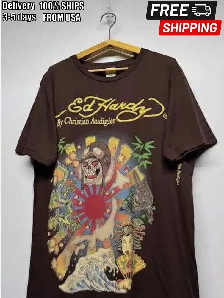 Egypt Big Logo Ed Hardy T-Shirt Reprinted design Dark Chocolate tee