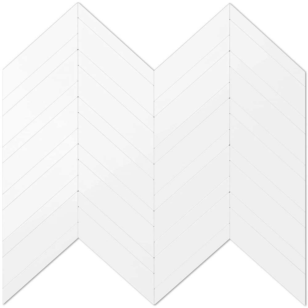 10-Sheet Polished White Herringbone Peel and Stick Backsplash, Realistic Cera...