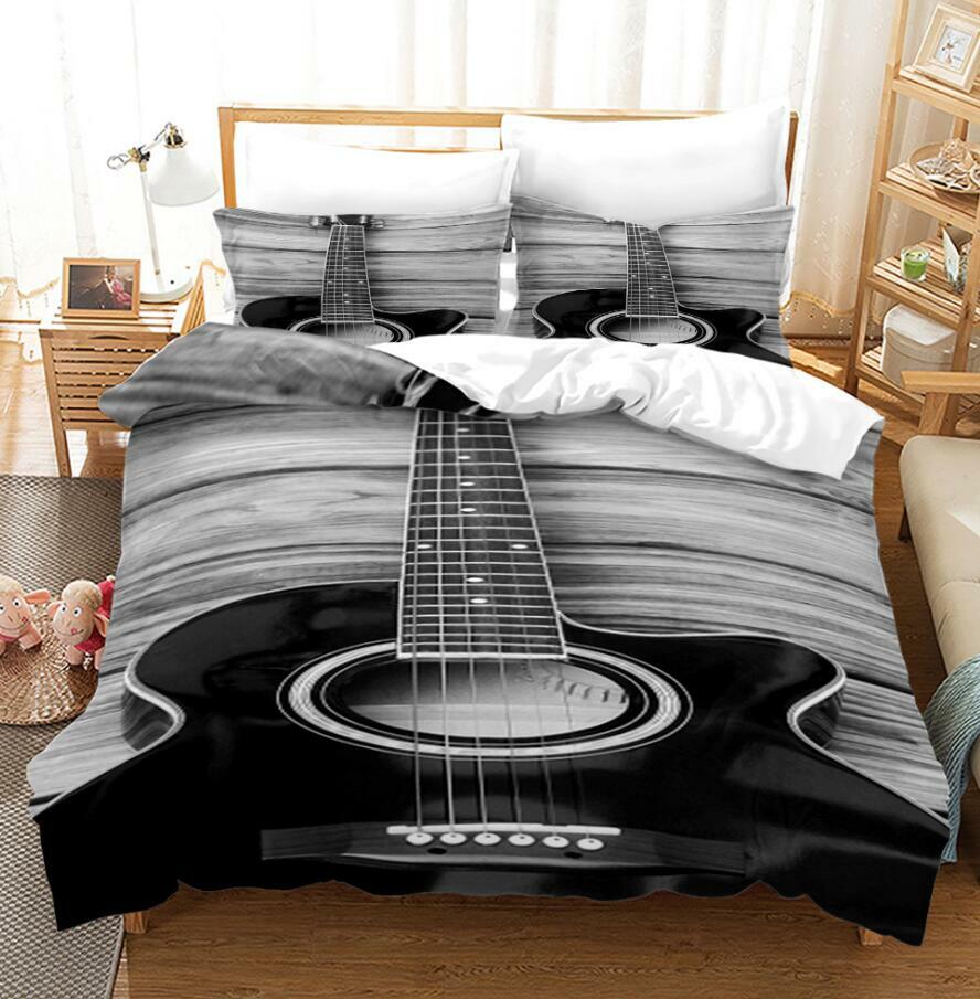 3D Black Guitar Quilt Cover Pillowcase Bedding Set Duvet Cover Set King Music