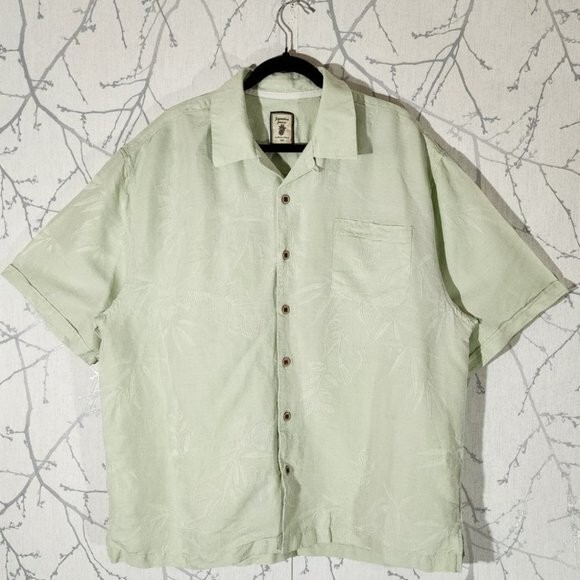 Jamaica Jaxx Pale Green Floral Jacquard 100% Silk Camp Shirt | Men's XL