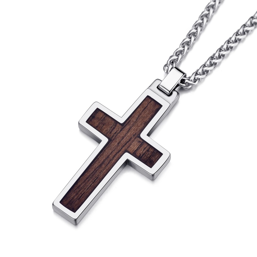 Tungsten Cross Necklace for Men Wood Inlay Cross Pendant 24 Inch Chain