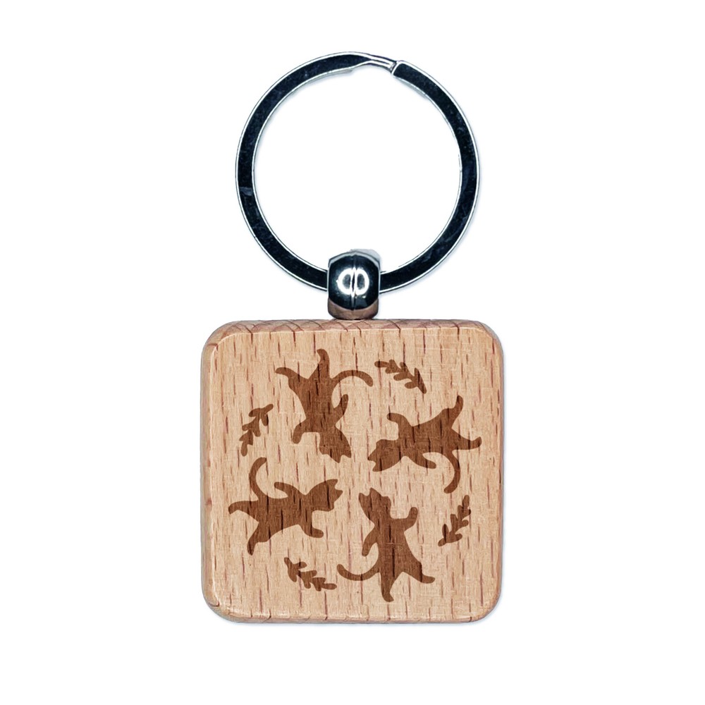Dancing Walking Cats Pattern Engraved Wood Square Keychain Tag Charm