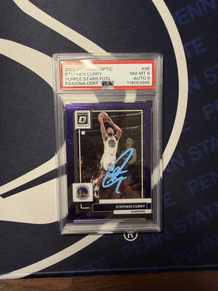 2022-23 Panini Donruss Optic Stephen Curry #96 Purple Stars Prizm /17 PSA Auto