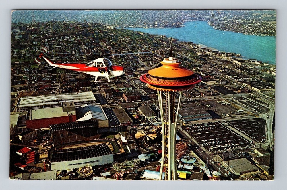 Vintage Aerial View of Seattle WA with Airplane and Space Needle Postcard