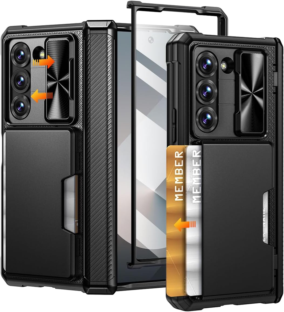 For Galaxy Z Fold 6 Case with Card Holder Wallet & Slide Camera Cover & Screen