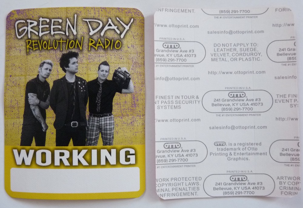 Green Day Revolution Radio Tour Concert Yellow Working Backstage Pass D4
