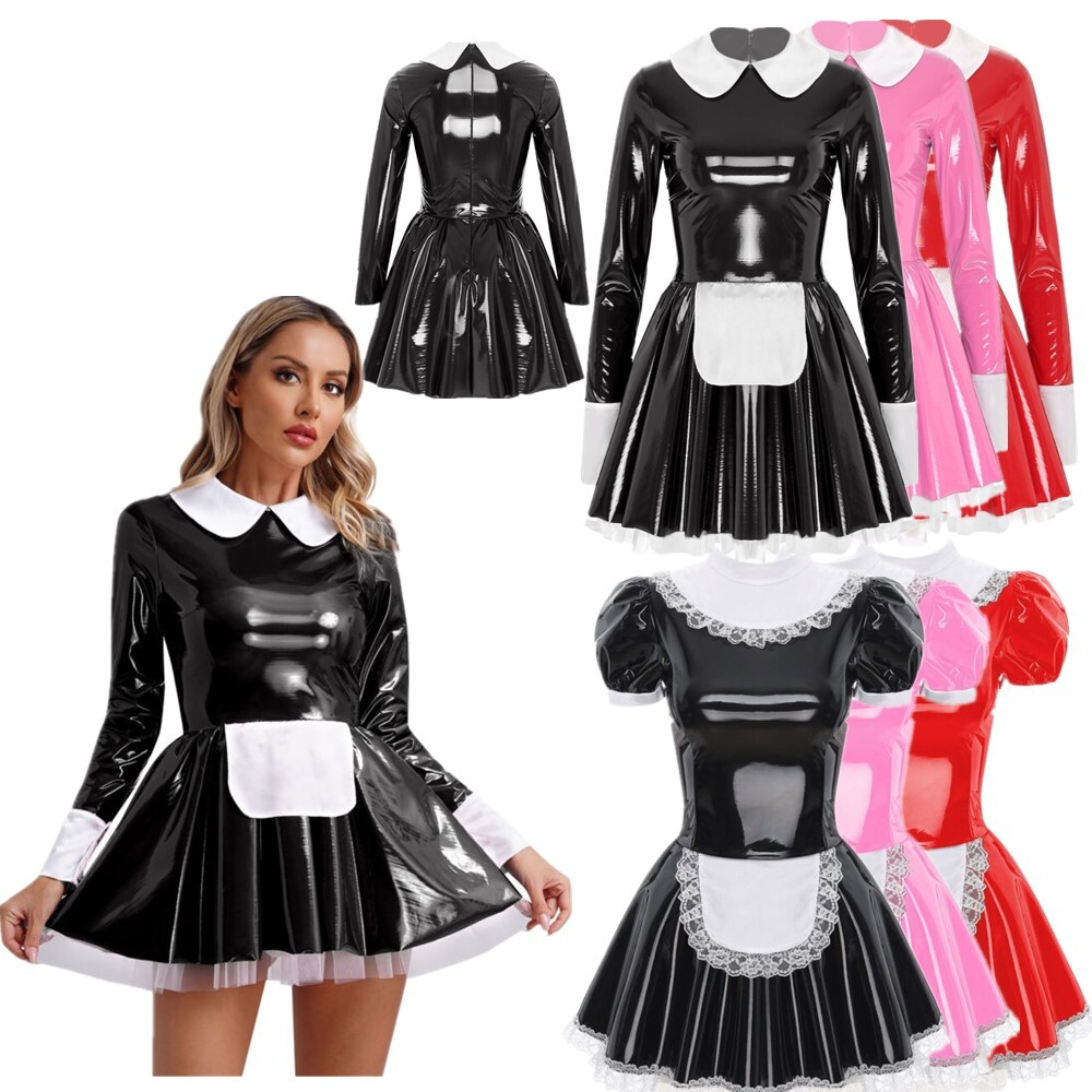 Women Sweet Maid Cosplay Shiny Latex Long Sleeve Mini Dress Costume