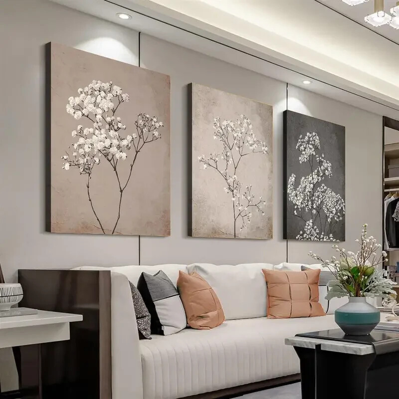 3pcs White Vintage Floral Wall Art Canvas Unframed