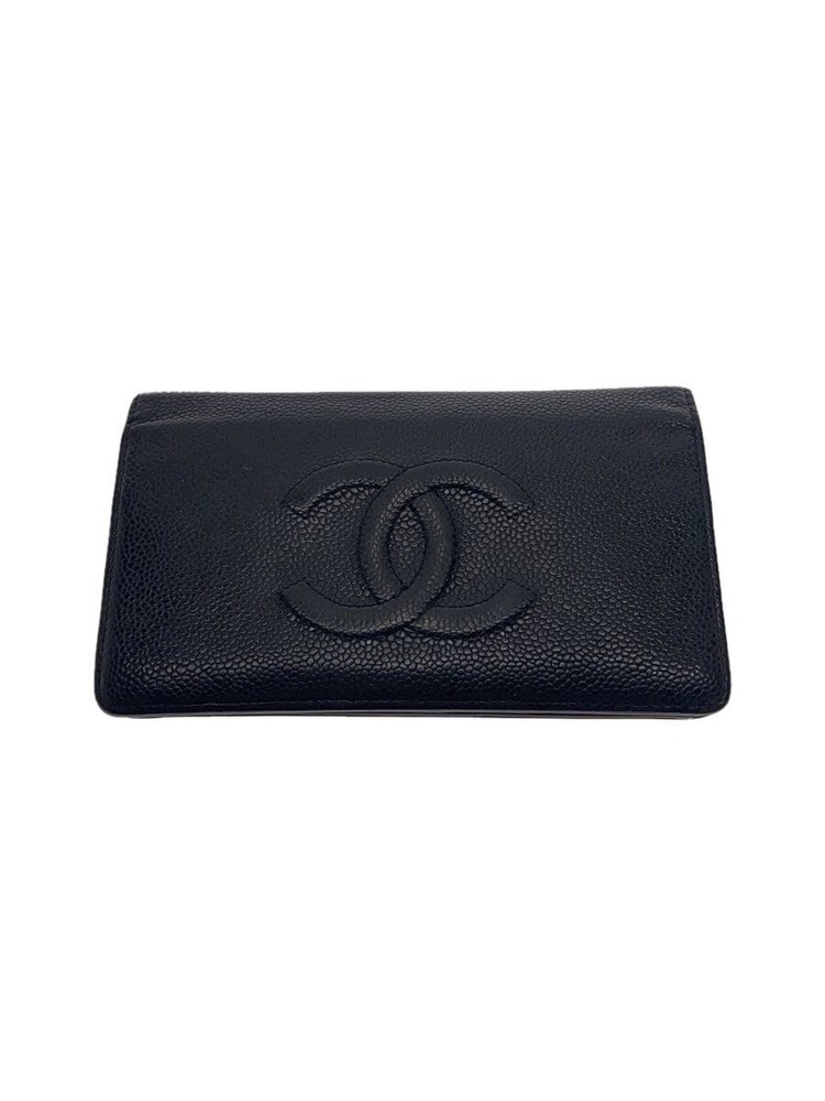 CHANEL Caviar Leather CC Bifold Long Wallet Black Pre-Loved Coco Mark