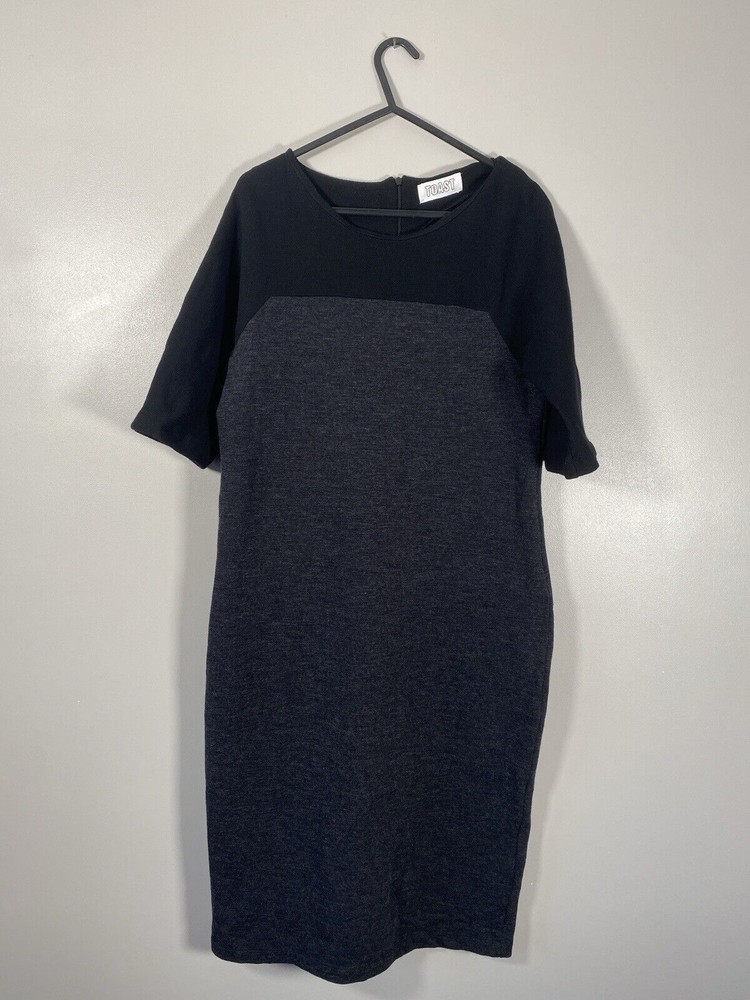 Toast Wool Blend Midi Dress Black Grey Half Sleeve Fitted Stretch Tunic Size 10