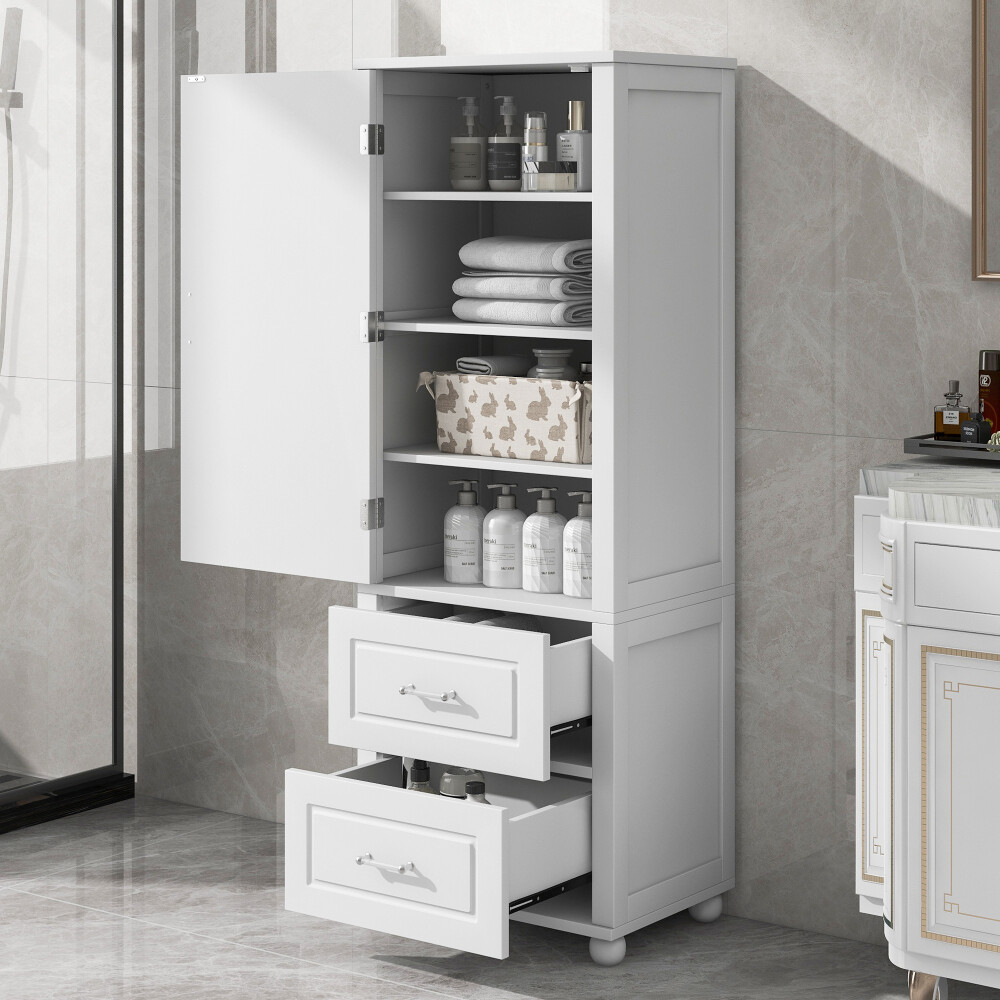 Tall White MDF Bathroom Cabinet with 2 Drawers & Adjustable Shelves, Anti-Tip Design