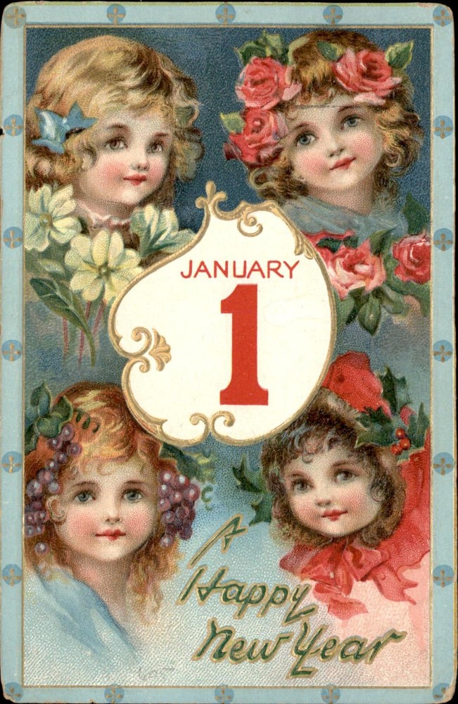 New Years Beautiful Children Gilt Embossed TUCK Jolly Years Vintage Postcard-image