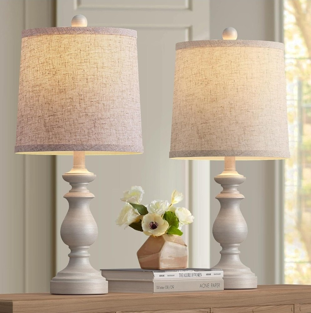 Set of 2 Antique Grey Rustic Farmhouse Table Lamps with Linen Shades 22 Inch
