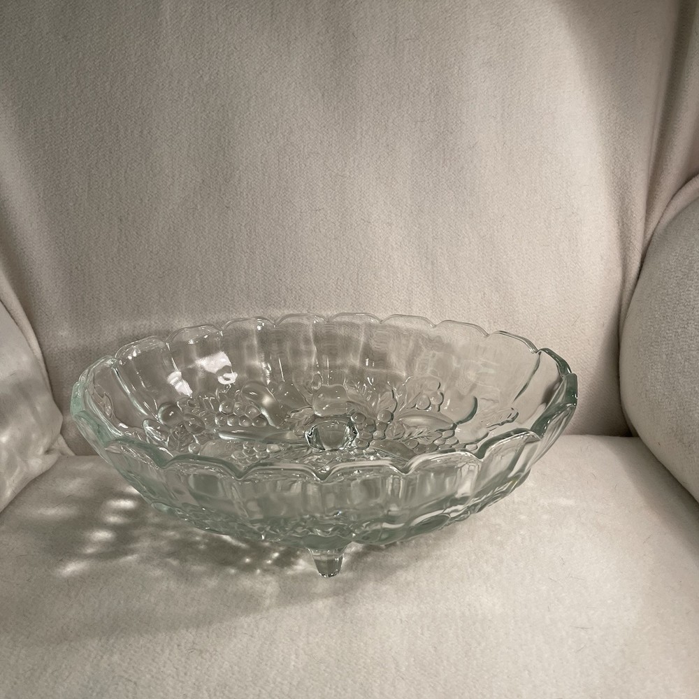 Vintage Indiana Glass 12 Inch Clear Footed Oval Bowl with Harvest Grape Design
