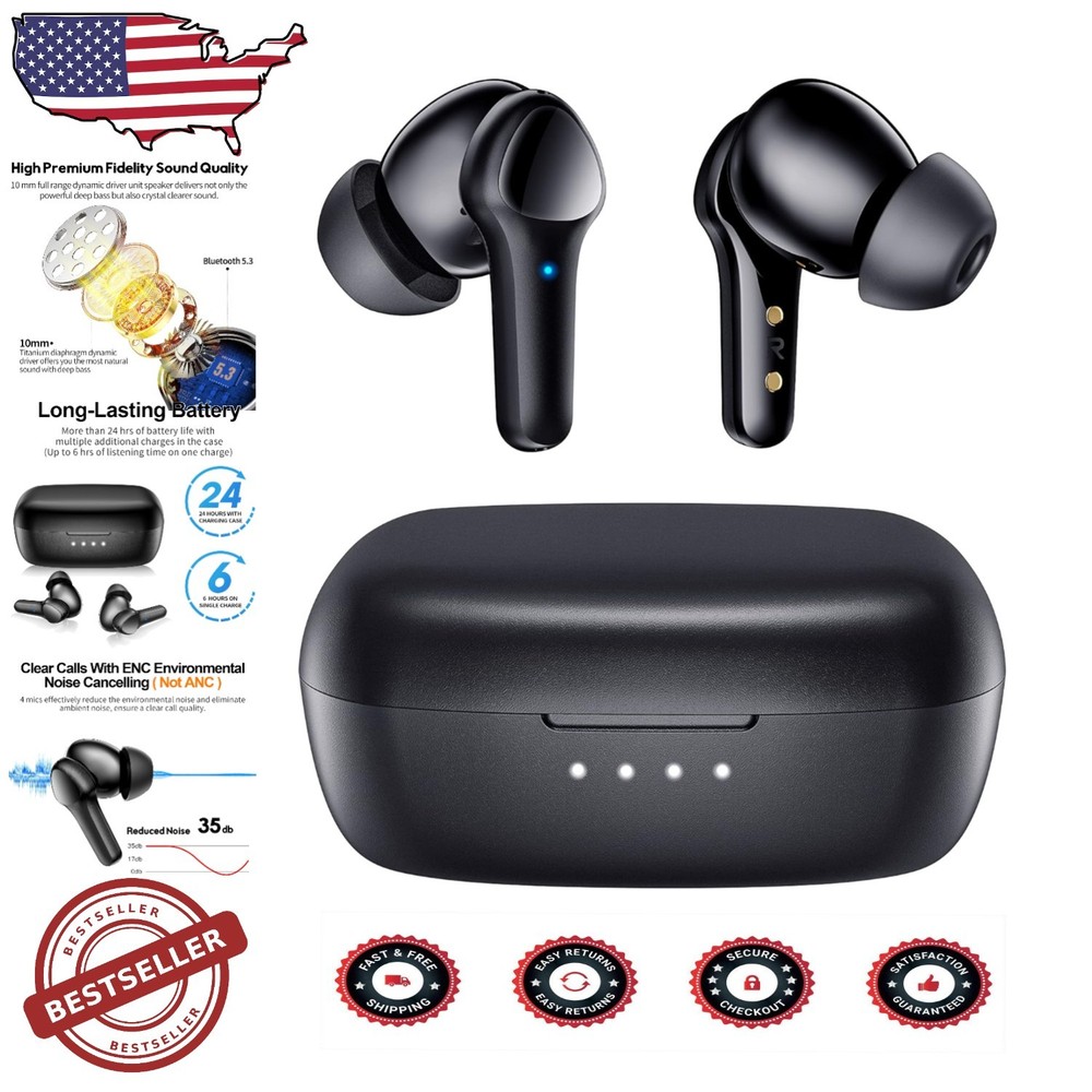Lightweight Bluetooth 5.3 Wireless Earbuds with Extended Battery Life & Crystal Clear Calls in Black
