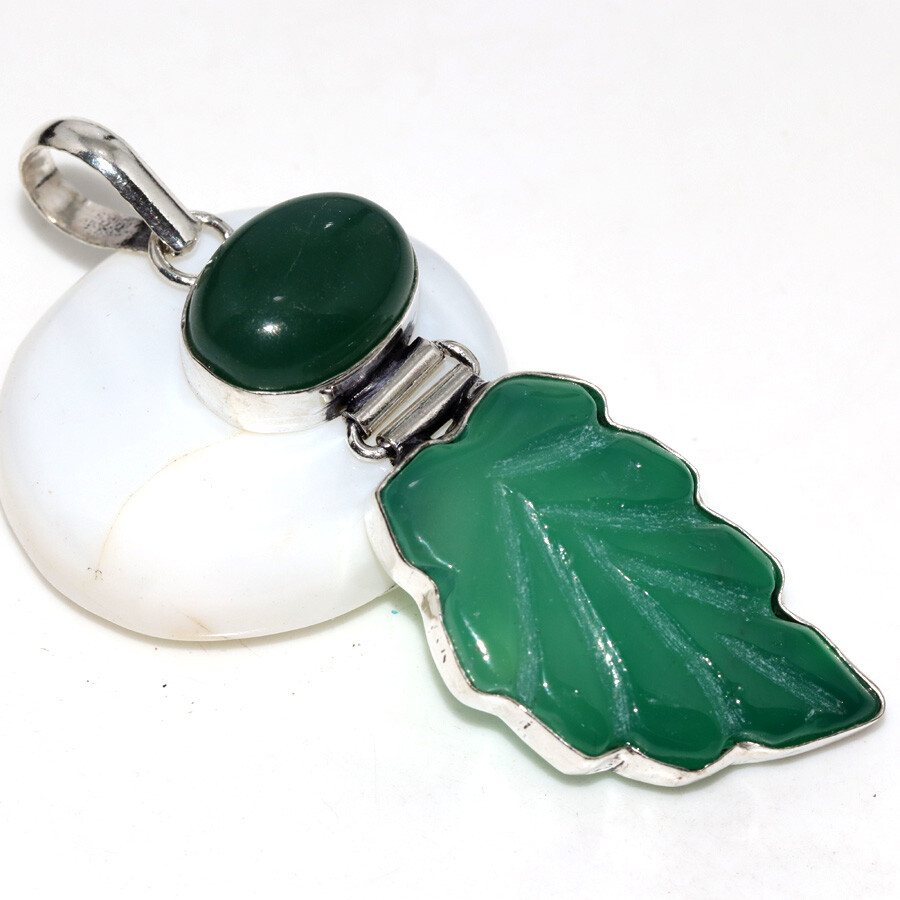 Handcrafted Green Onyx Leaf Pendant with 925 Silver Plating Jewelry Gift JW 2.5 Inch