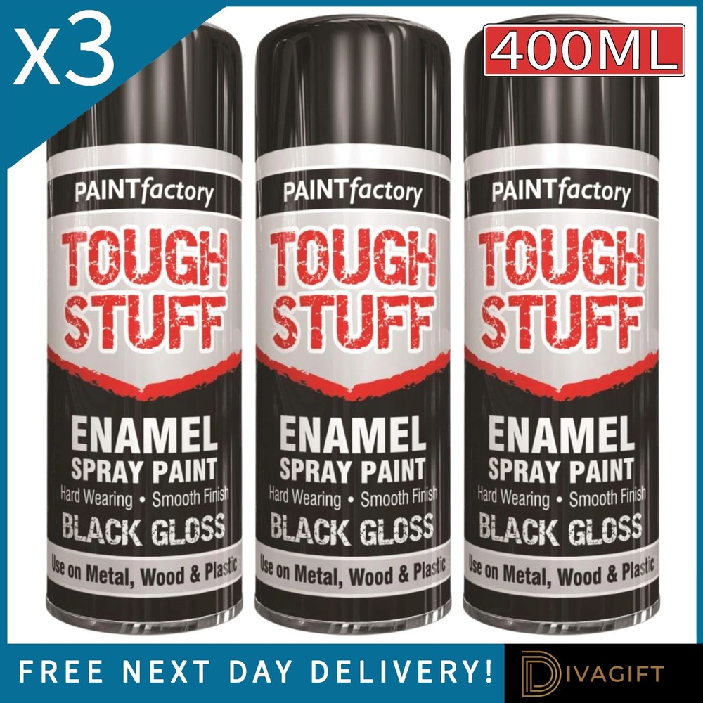 3 x 400ML ENAMEL BLACK GLOSS SPRAY PAINT WOOD METAL PLASTIC CRAFT TOUGH STUFF