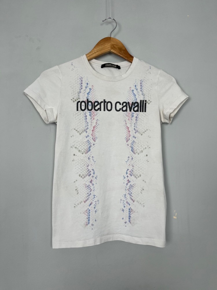 Roberto Cavalli Big Logo Women White Snake Print Cotton Tee Shirt Size S