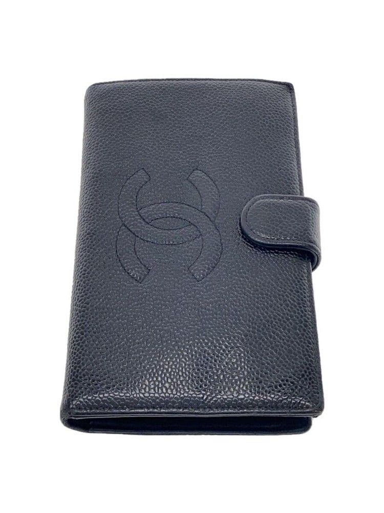CHANEL Coco Mark Kiss Lock Coin Purse Black Long Wallet A13498 Pre-Owned Ladies