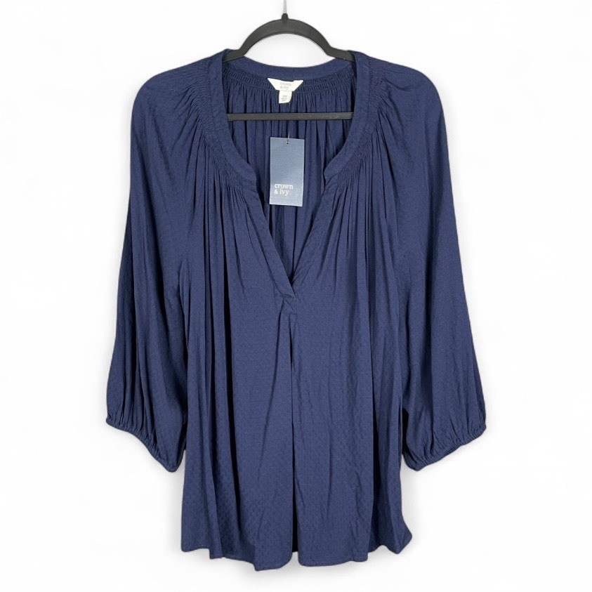 NWT Crown & Ivy 2X Navy Popover Peasant Boho 3/4 Sleeve Split Neck Blouse Top