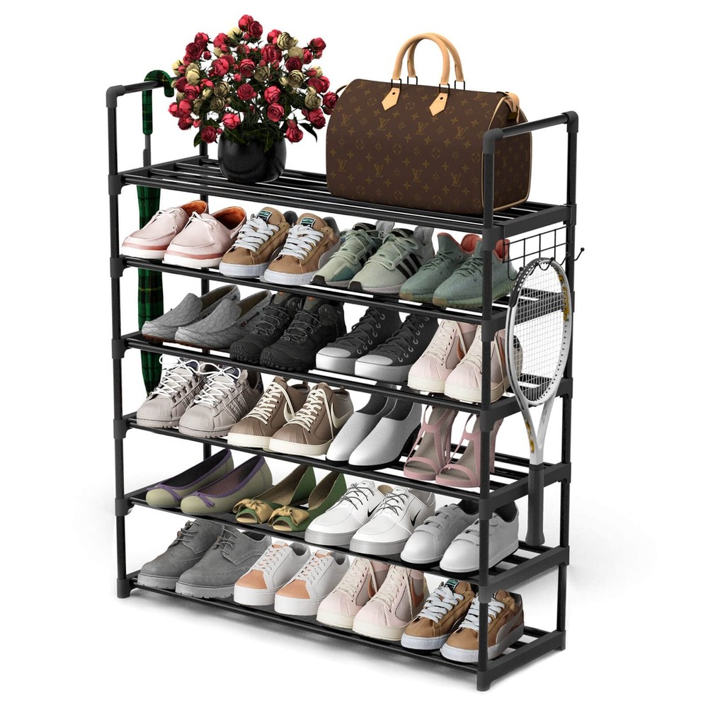 6-Tier Adjustable Metal Shoe Rack with Hooks for Organized Storage