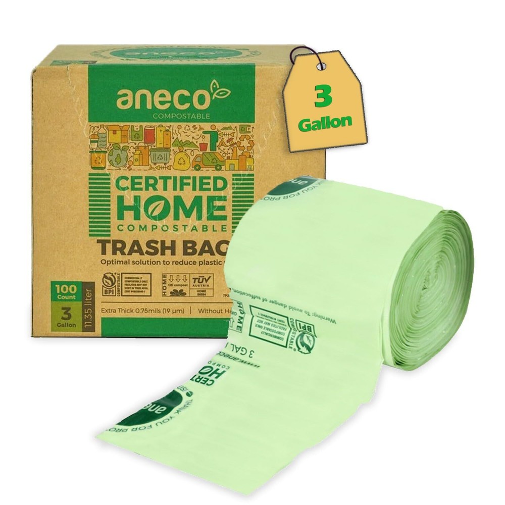 ANECO 100% Compostable Food Waste Bags 3 Gallon, 100 Count, Extra Thick Compo...
