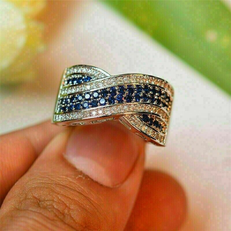 2Ct Round Cut Simulated Blue Sapphire Wedding Band Ring In 14k White Gold Plated