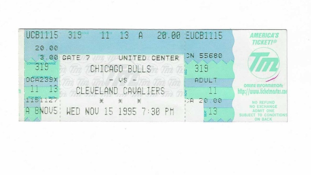 Chicago Bulls vs Cleveland Cavaliers Unused Basketball Tickets From 11/15/1995