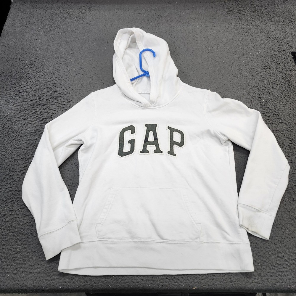 Gap Hoodie Womens Medium White Logo Pullover Fleece Kangaroo Pocket Sweatshirt