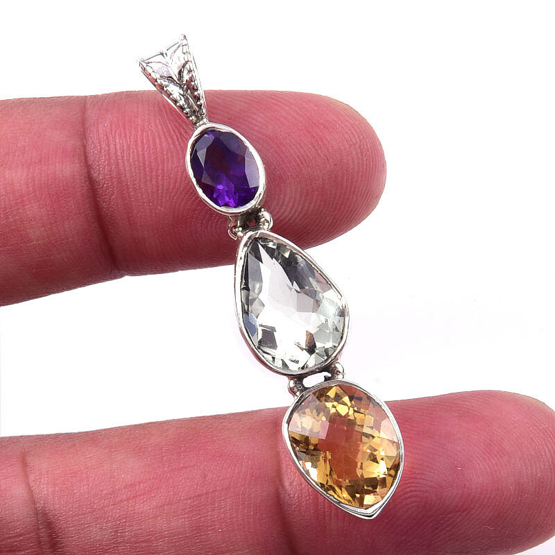 Natural Green Amethyst Citrine 925 Sterling Silver 2-Inch Pendant Gift