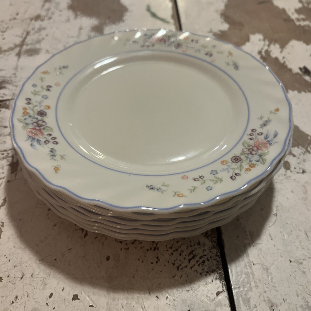 Victoria by Arcopal Chop Salad Plate Multicolor Floral Blue Trim Swirl Edge 7.5”