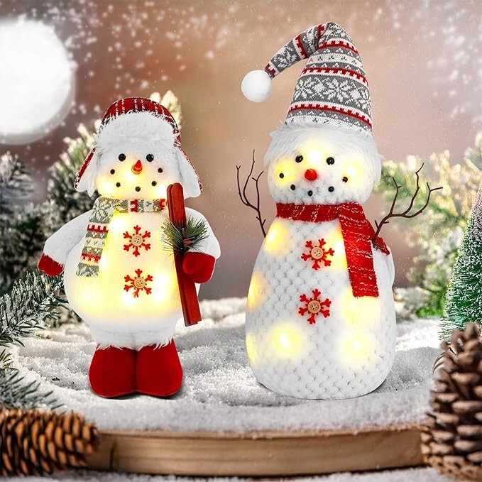 Set of 2 Christmas Plush Snowman Tabletop Decorations, Stuffed Snowman Christmas