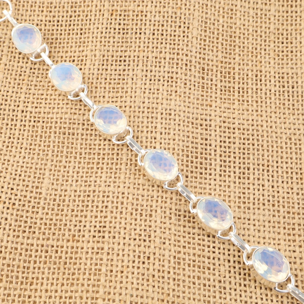 Natural Milky Opal Valentines Birthday Chain Bezel Wife Bracelet Sterling Silver