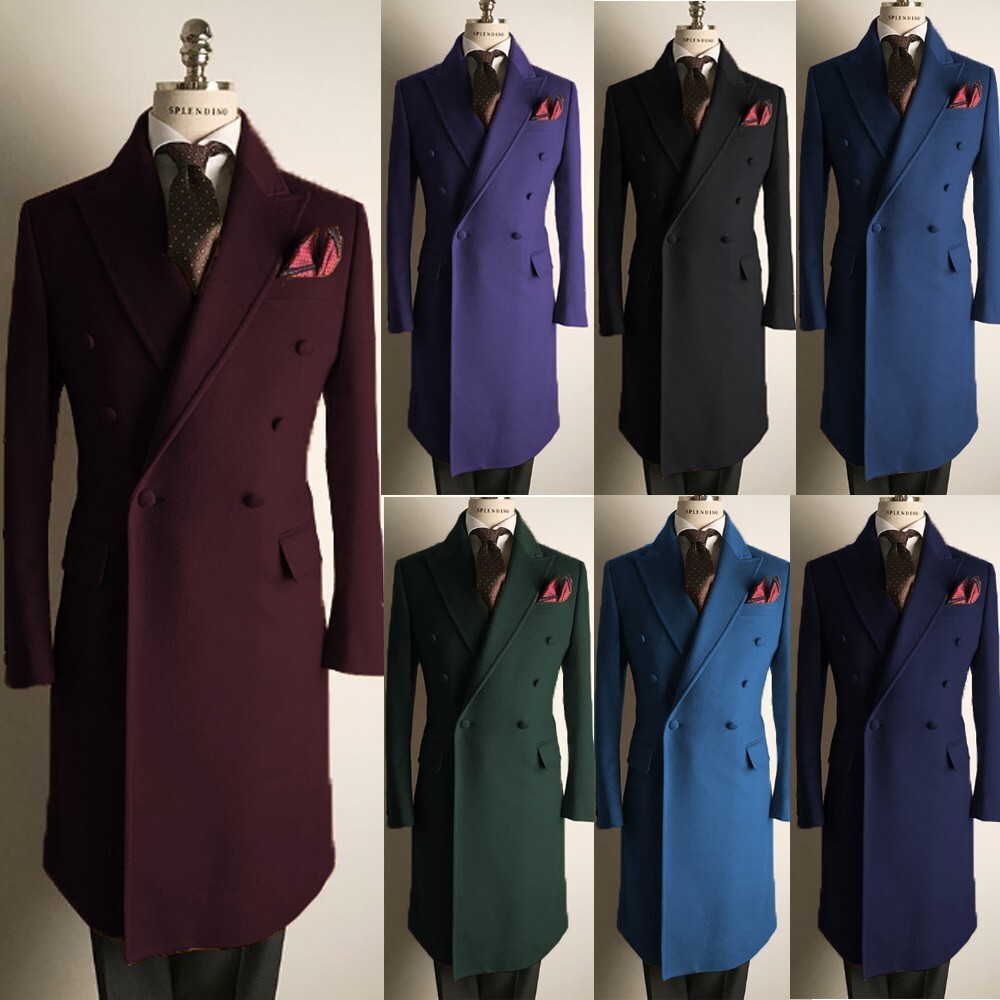 Cashmere Men Overcoat Peak Lapel Double Breasted Winter Warm Casual Long Jackets