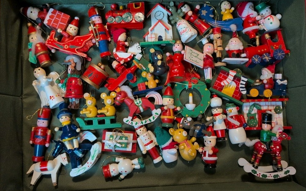 Vintage Lot Of 42 Wooden Christmas Tree Ornaments Santa, Snowman Etc