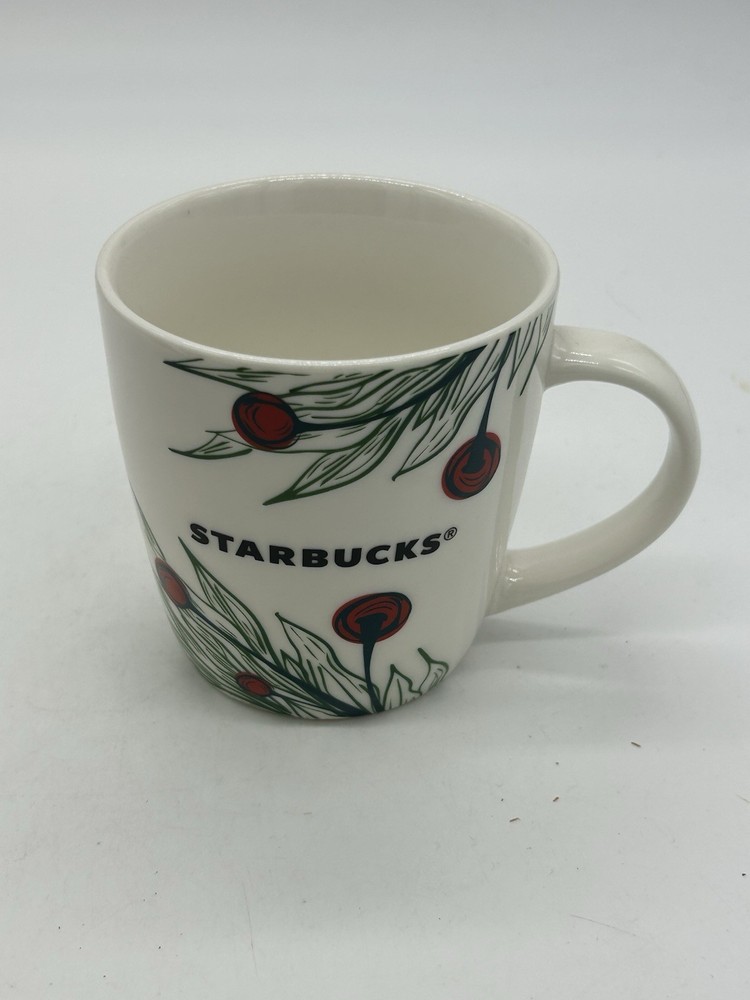 Starbucks 12oz White Holiday Mug with Green Branches and Red Berries 2020 Edition