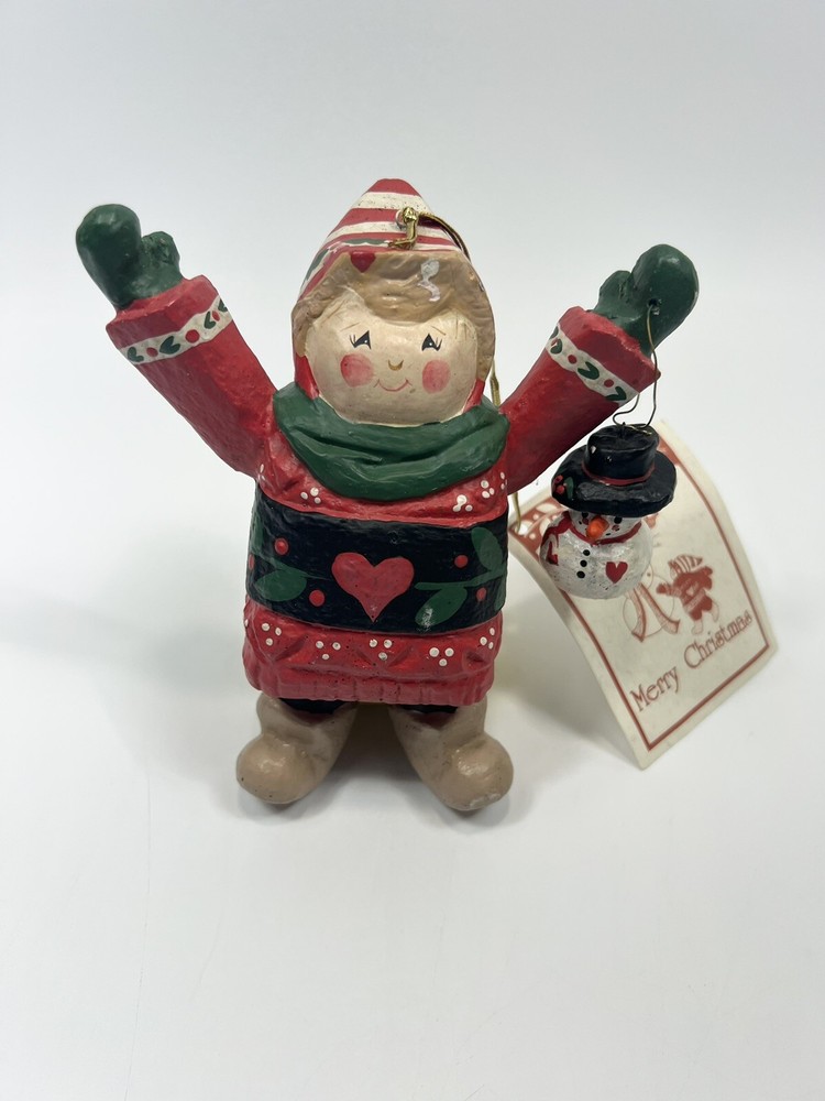 House of Hatten Child in Sweater With Snowman Ornament Figurine 6 Inch 1993 FLAW
