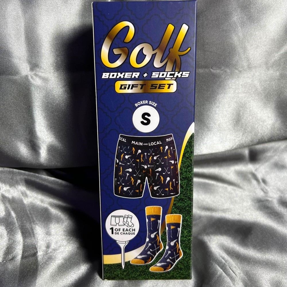 Men's Navy & Gold Golf Boxer & Socks Gift Set Size S Summer Edition