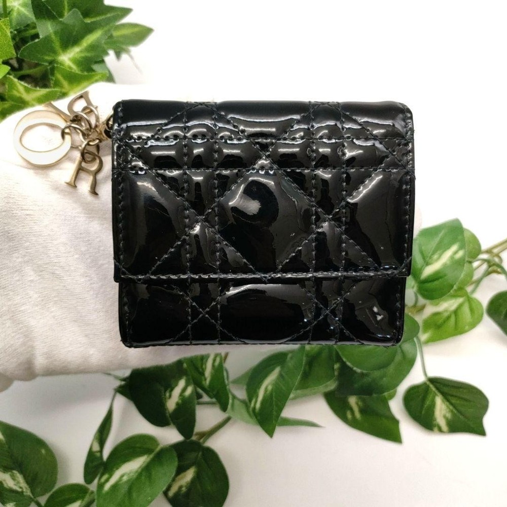 Dior Lotus Patent Black Tri-Fold Wallet Compact Canage Pre-Owned