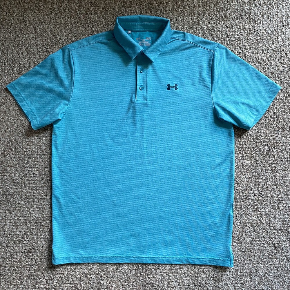 Under Armour Polo Shirt Mens Large L Blue Scale Stretch Loose Short Sleeve Golf