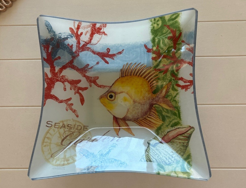 Seaside Garden Fish Coral 10” Square Bowl Ocean Beach Nautical Decor