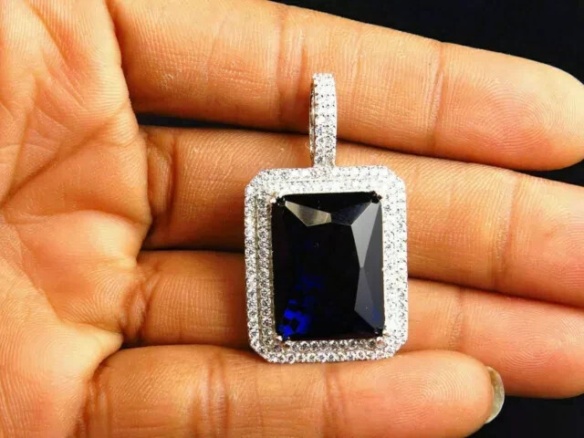 2CtEmerald Cut Simulated Sapphire Double Halo Pendant 14KWhite Plated Free Chain