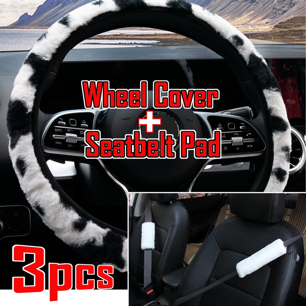 Plush Cow Print Winter Steering Wheel Cover with Seat Belt Pads for Warm Car Comfort