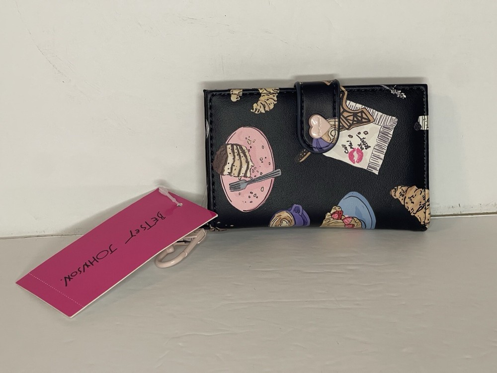 BETSEY JOHNSON Charcoal French Desserts Card Case Wallet with Key Ring NWT