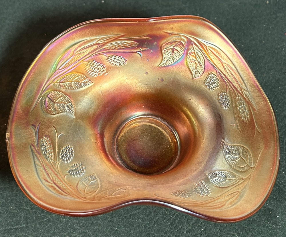 Early Fenton Marigold Holly Hat Blackberry Spray Dish Carnival Glass Antique 5x7