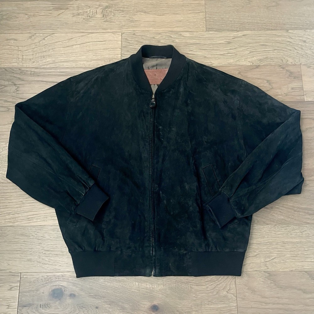 Vintage Ermenegildo Zegna Pelle Leather Suede Black Bomber Jacket Size 50