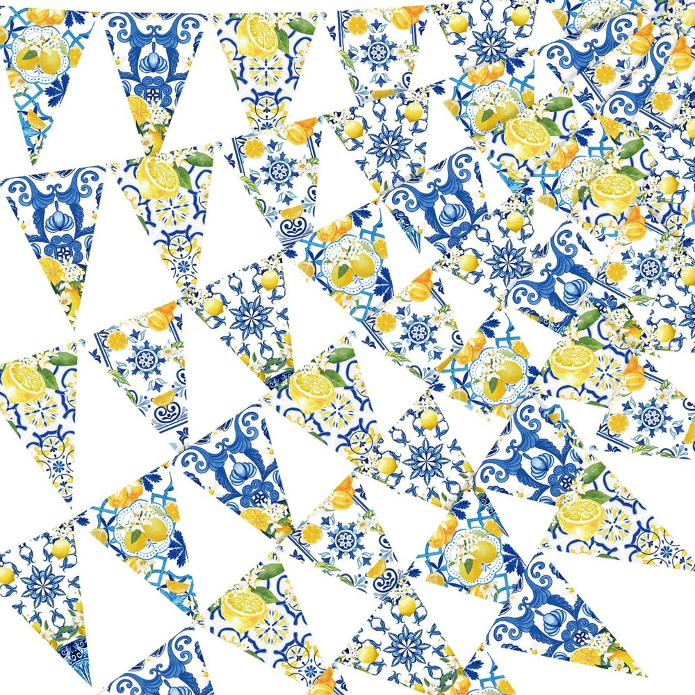 Faccito 5 Pcs Blue Tiles Lemon Decor Lemon Bunting Banners Blue Tiles Paper P...